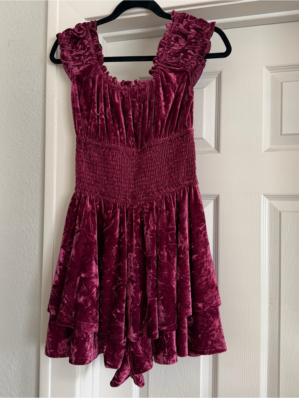 Girls Velvet Smocked Dress in Wine